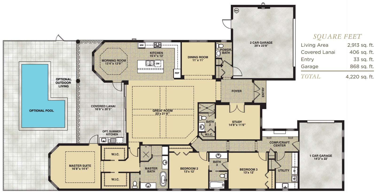 Anastasia Floor Plan in Hidden Harbor Estates, Fort Myers, Stock Construction, Three Bedroom, Three and One Half Bath, Great Room, Dining Room, Study, Covered Lanai, 2-Car Garage and 1-Car Garage